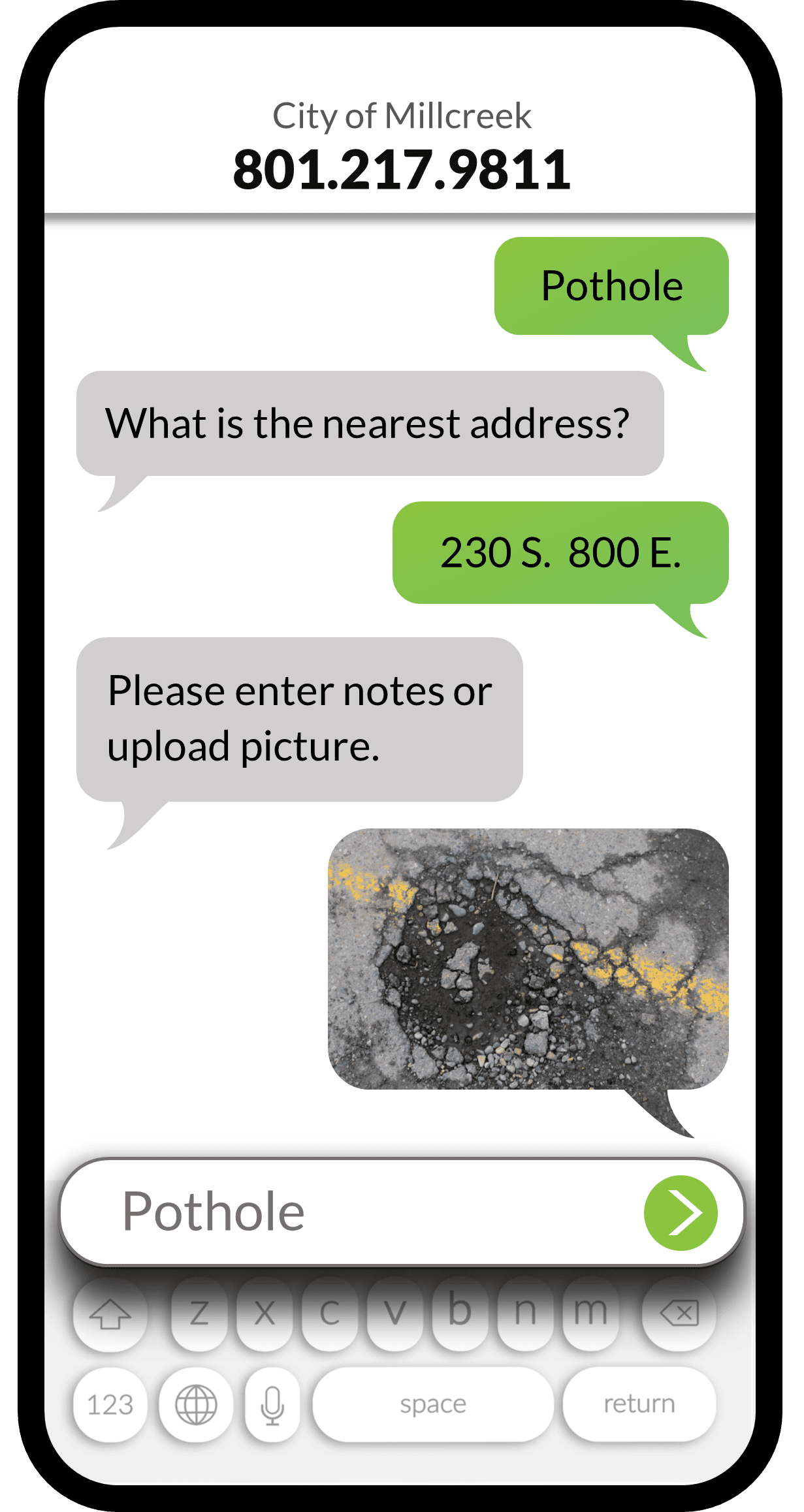 Picture of smart phone showing texts reporting a pothole along with image of pothole.