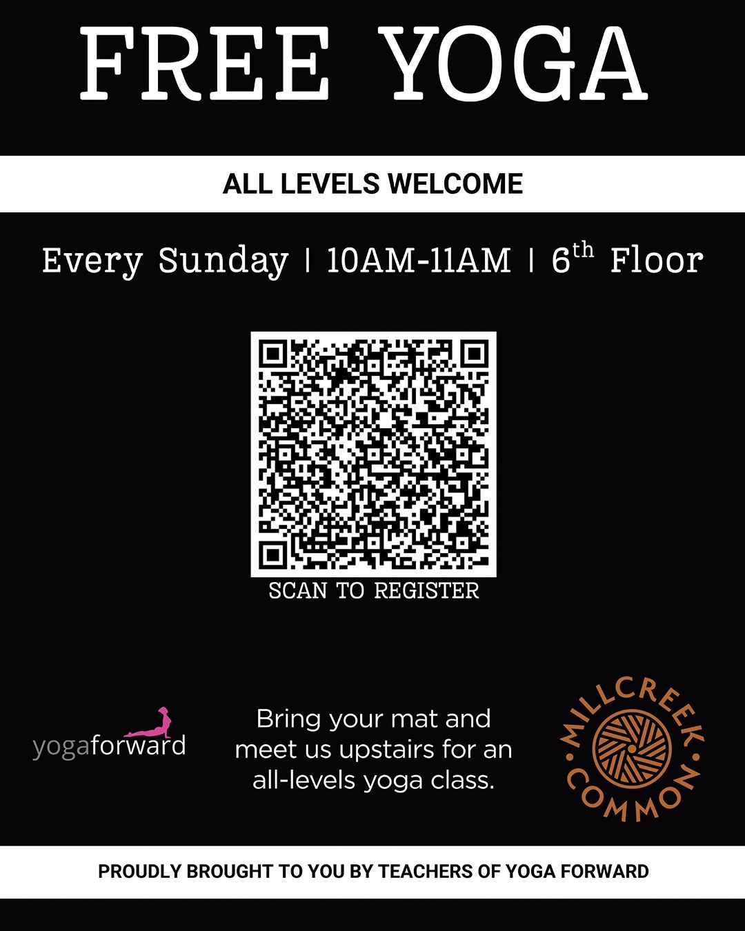 graphic advertising free yoga at millcreek common sundays at 10