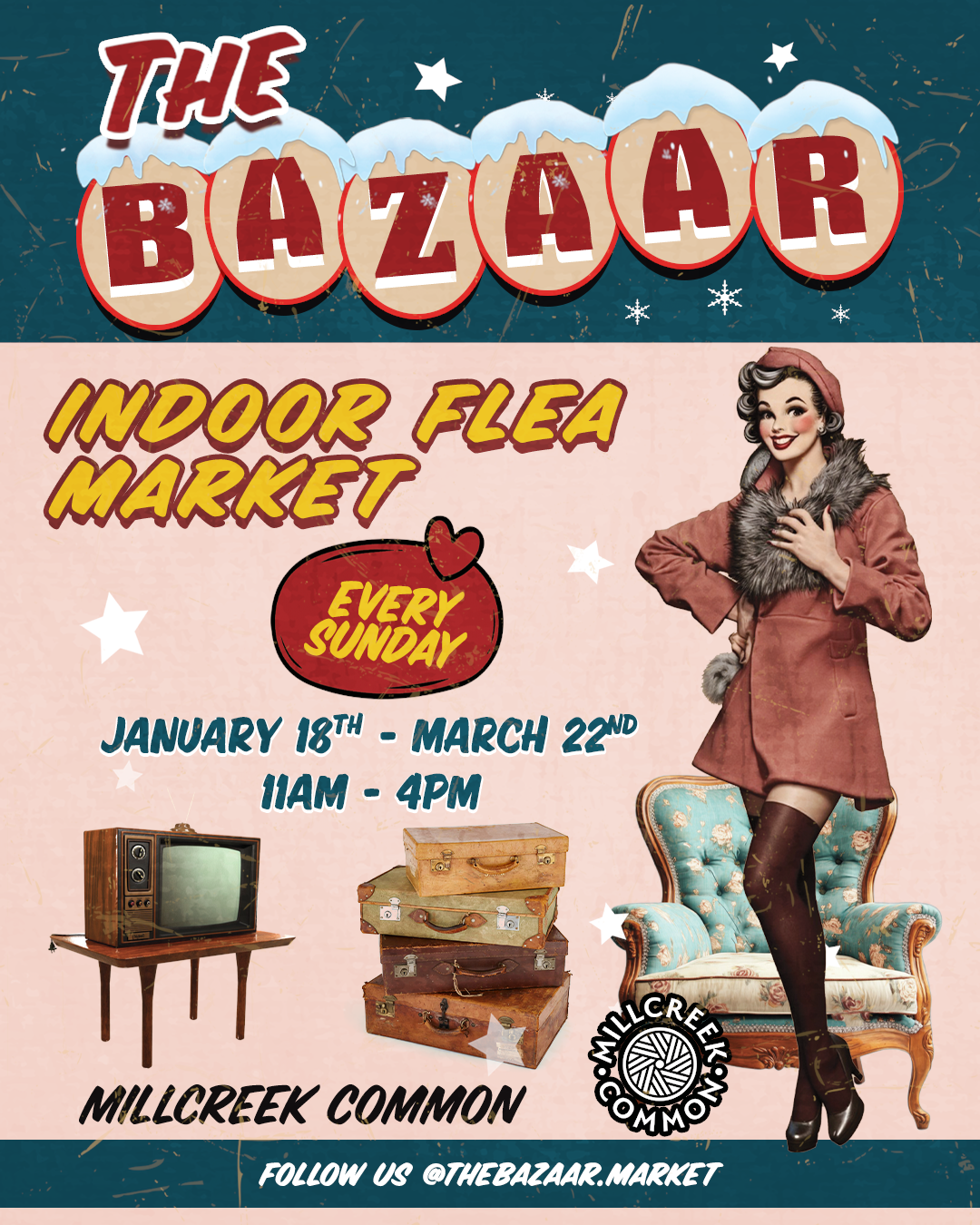 graphic promoting the sunday bazaar at millcreek common from 11am-4pm sundays