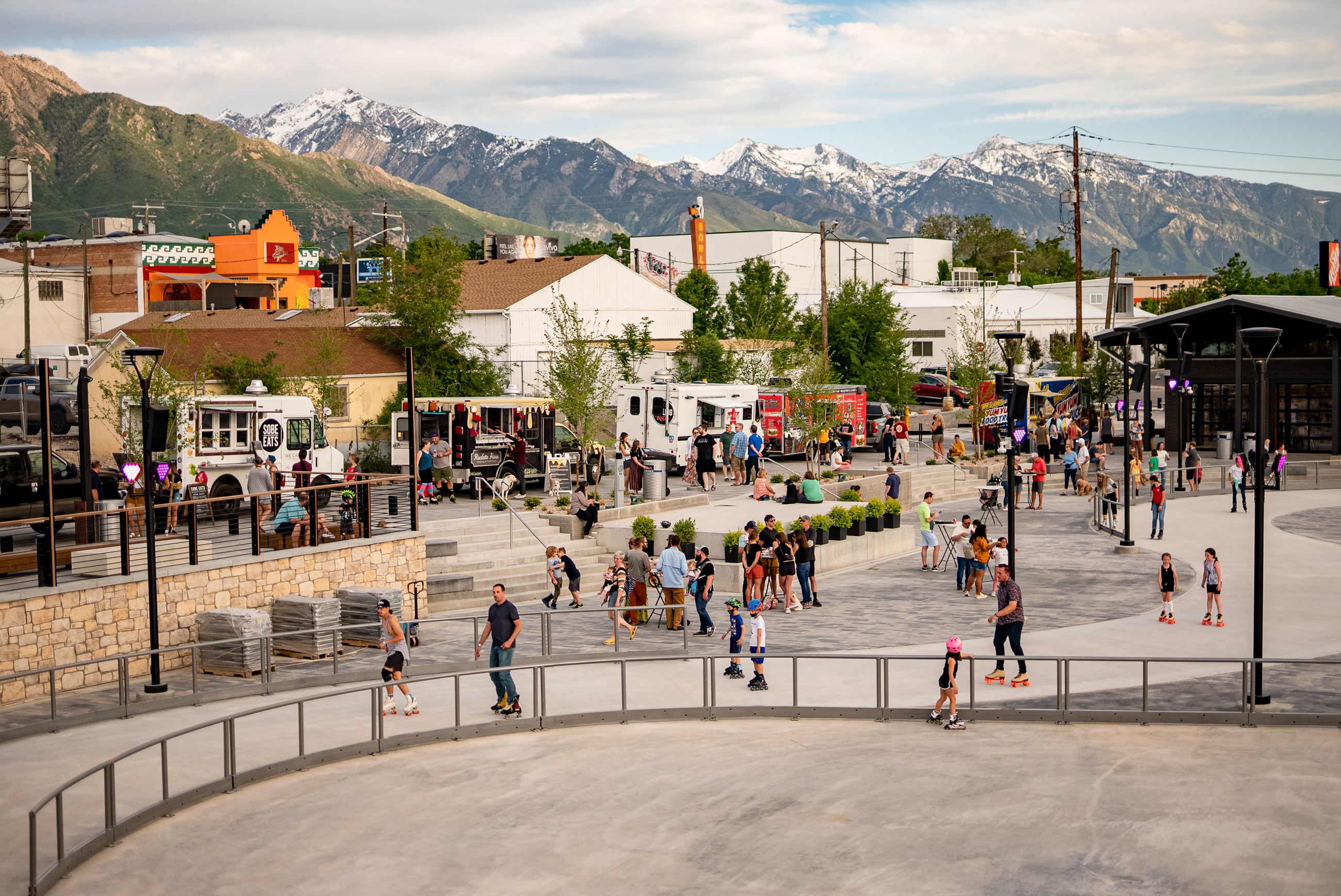 Overhead view of people recreating at Millcreek Common.