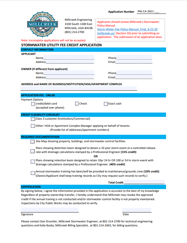 Stormwater Utility Fee Credit Application