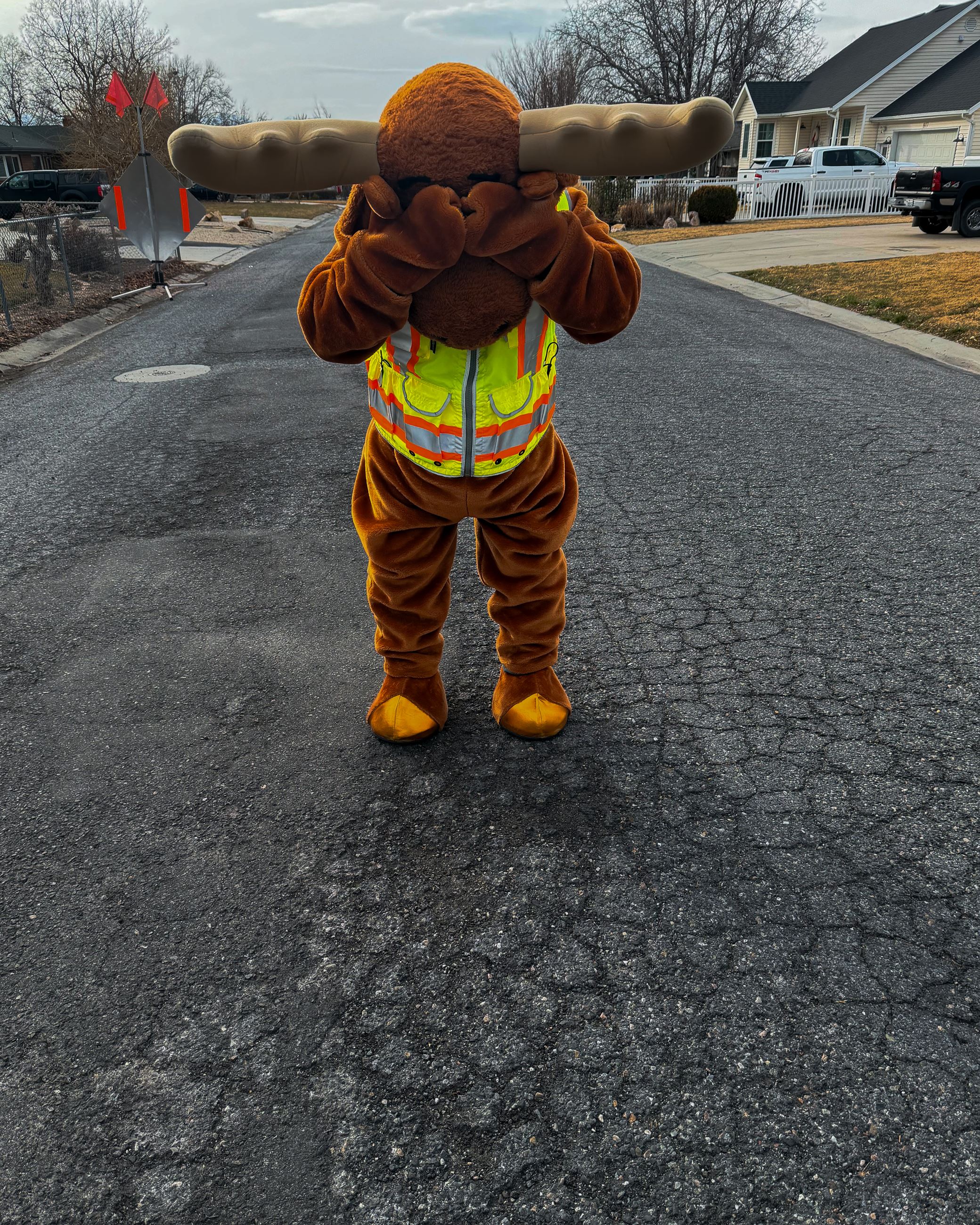 Mascot in a moose costume wearing a reflective safety vest stands on a residential street,.